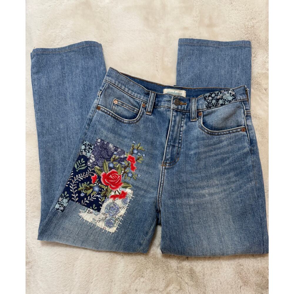 Sundance Elise Patchwork Floral Denim Crop Jeans Size 26 Spring Boho